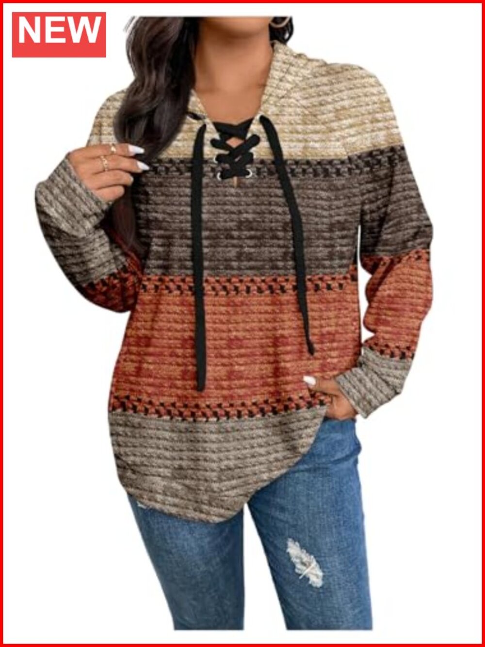 Plus Size Color Block Hoodie Lace Up Long Sleeve Pullover Sweatshirt